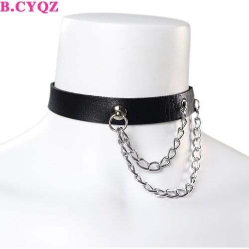 2021 New Super Cool Black Leather Collar PU Material Asymmetry Lron Chain Punk Hip Hop Style Necklace For Women Jewelry Party