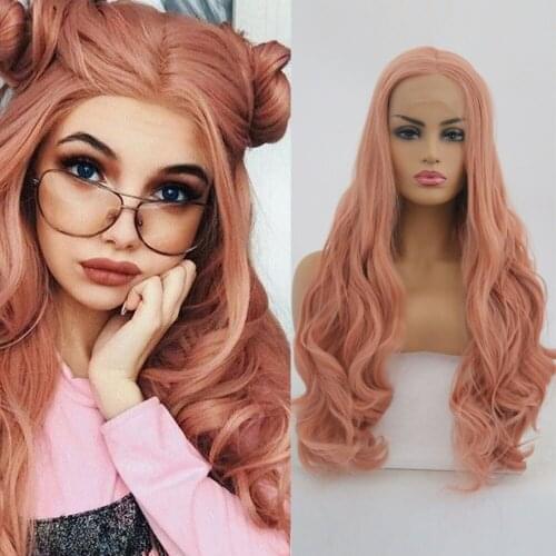 QUINLUX WIGS Pink Wavy Long Wig For Black Women Cosplay Synthetic Lace Front Wig With Middle Part Glueless Heat Fiber Rose Peach