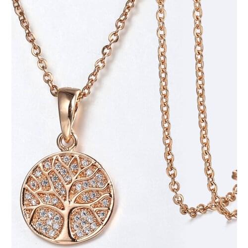 Tree of Life Round Pendant 585 Rose Gold Cubic Zircon Carved Cut Out Pendant Necklace Elegant Women Jewelry Gift Wholesale GP413