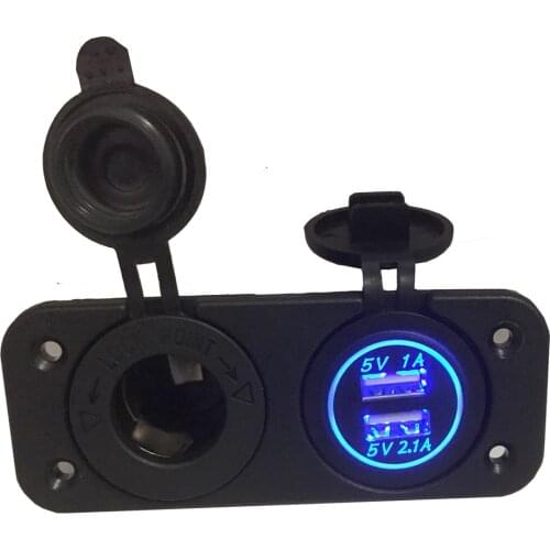 DC 12V - 24V Cigarette Lighter + Dual USB Power Socket Panel 2.1A/1A USB Charger For Car Boat Motorcycle Green Blue Red Yellow