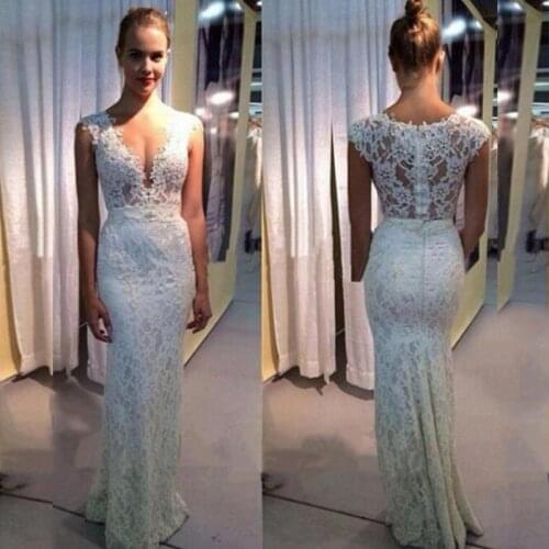 On Sale Charming Ivory Lace Mermaid Wedding Dresses for Bride Plunge V Neck Cap Sleeves Bridal Wedding Gowns Illusion Back Cheap