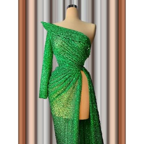 Luxury Sparkly Green One Shoulder Evening Dress Sheath Full-Length Bling Sequins Prom Dress Slit Gown Dress Formal 2020 Dubai