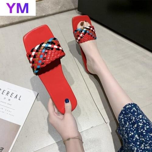 Slippers 2021 Summer Square Toe Women Shoes Woman Slip on Sandals Flat Shoes Chanclas De Mujer Pu Indoor Zapatos De Mujer 35-43