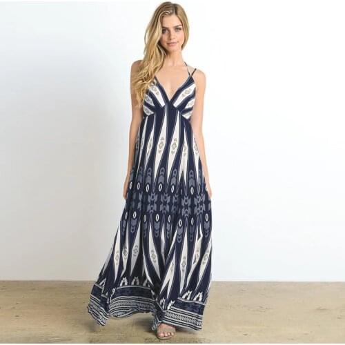 Sexy V-neck Printed Dress Women Clothes Summer Loose Sleeveless Sling Backless Long Dresses Casual Plus Size Party Dress Ladies
