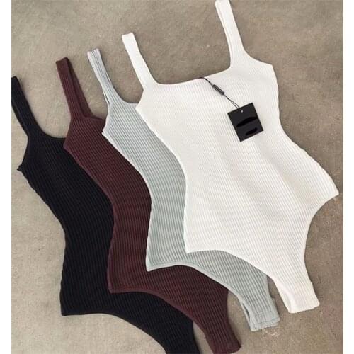 Sexy One Piece Women Knitted Solid U Neck Sleeveless Black White Blue Brown Tank Bodysuit Bodycon Jumpsuit