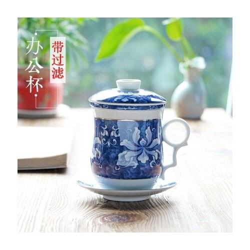 Blue and white porcelain with filter cups four sets of office cups kung fu tea set