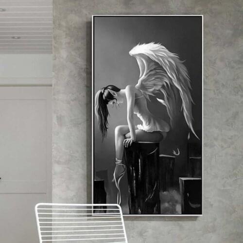 Modern Angel Wings Black And White Girl Canvas Painting Posters and Prints Wall Art Picture for Living Room Home Decor Cuadros