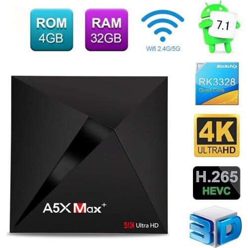A5X Max Plus Smart Android 7.1 TV Box RK3328 4K H.265 4GB 32GB DLNA Miracast WiFi LAN Bluetooth 4.1 HD Media Player