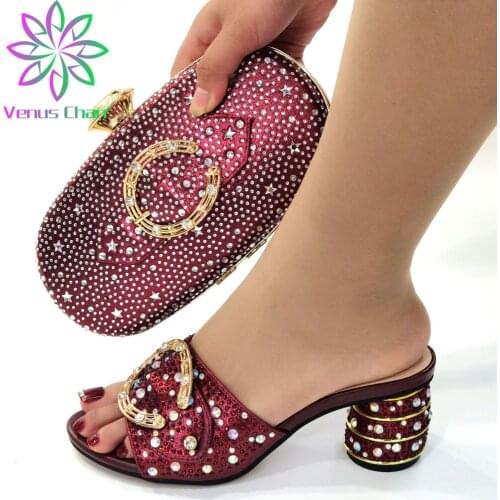 Comfortable Heels New Design African Women Shoes and Bag to Match in Wine Color Decorate with Rhinestone for Wedding Party