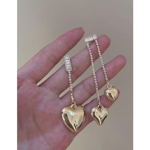 VSnow Minimalist Asymmetric Gold Love Heart Dangle Earring for Women Girls Textured Cubic Zircon Long Tassel Bar Earring Jewelry