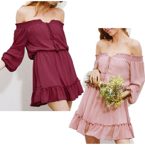 Boho Style Women Ruffle Chiffon Summer Off-Shoulder Bandage Casual Beach Wear Sundress Mini Dress M - 2XL