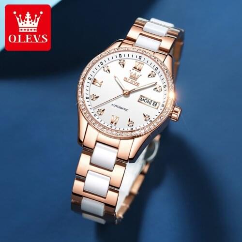 OLEVS Women Mechanical Watch Fashion Switzerland Luxury Brand Ladies WristWatch Automatic Ceramic Hollow Waterproof Watch
