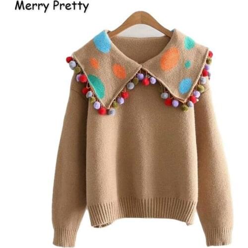 Womens Polka Dot Knitted Sweaters 2020 New Sweet Sailor Collar Jacquard Sweater Knit Pullover MERRY PRETTY