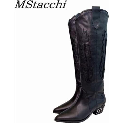 MStacchi Classics Womens Boots Pointed Toe Embroidery Genuine Leather Sewing Crude Heel Shoes Woman Knee-length Boots Spring
