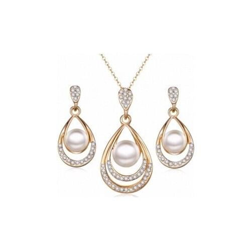 Fashion Temperament Upscale Glamorous Imitation Pearl Jewelry Set Rhinestone Gold Necklace Set Ladies Bride Wedding Drop Earring