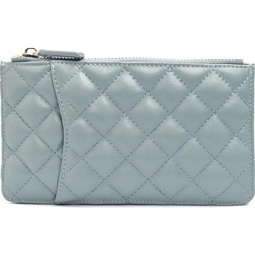 Sheep skin women card holder leather zipper wallet plaid purse