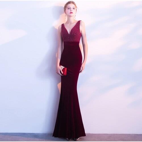 Mermaid Velvet Evening Navy Ball Gown Backless Long Luxury Beading V-Neck Burgundy Elegant Formal Prom Dress for Women Party