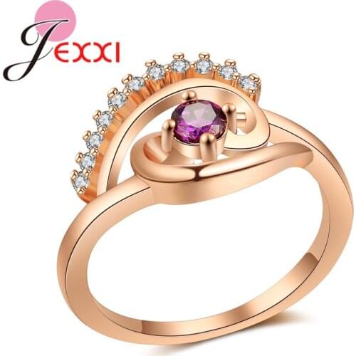 High Quality Clear Purple Crystals Filled Rose Gold Colored Band Rings For Women Girls Party Wedding Fashion Jewelry