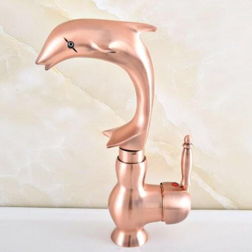Antique Red Copper Brass Swivel Spout Single Handle Cute Animal Dolphin Style Bathroom Kitchen Sink Faucet Mixer Tap msf849