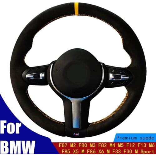 Car Steering Wheel Cover Black Suede Yellow Marker For BMW F87 M2 F80 M3 F82 M4 M5 F12 F13 M6 F85 X5 M F86 X6 M F33 F30 M Sport
