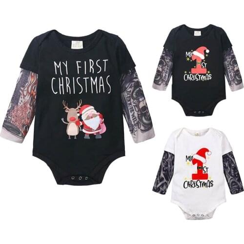 Infant Toddler Christmas Elk Santa Claus Print Costume Baby Long Sleeves Bodysuit Unisex Kids Romper Tattoo fake two-piece suit