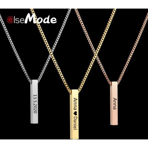ELSEMODE Personlized Stainless Steel Pedant Necklace Engrave Date Name Bar Necklace for Lovers unique Birthday Gifts