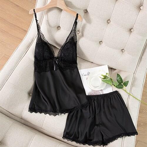 Fdfklak Spring Summer New Sexy Lace Shorts Pajamas Set Female Lingerie Silk With Chest Pad Spaghetti Strap Pijama For Women