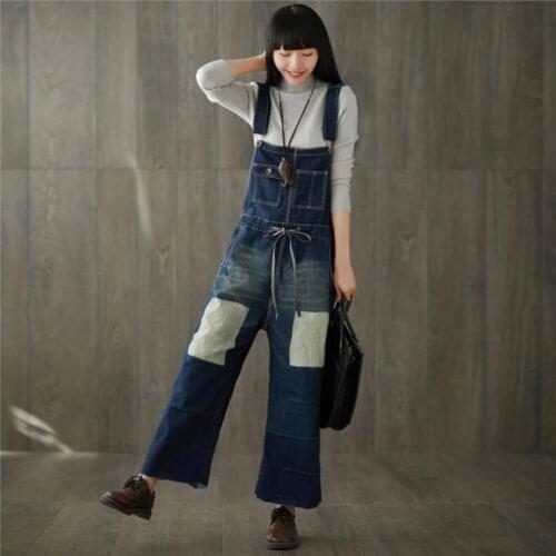 Vintage Hit Color Stitching Wide-leg Denim Jumpsuit Summer New Washed Distressed Straight Denim Trousers
