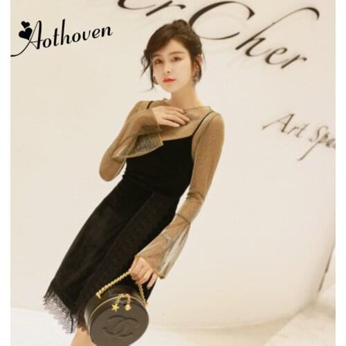 2 Piece Set Women Suit 2020 Spring Long Flare Sleeve Mesh Shirt Top and Velvet Elegant Spaghetti Strap Dress Ladies Vestidos