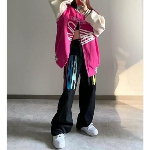 2021 fashion color letter embroidery printed jeans womens new high-waisted straight loose wide-leg pants trend