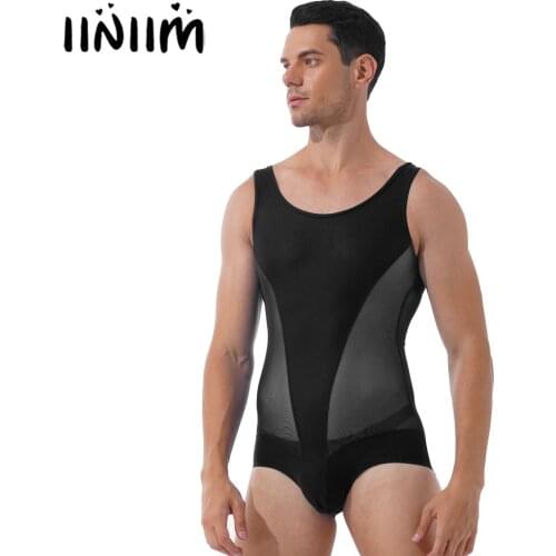 Mens Lingerie Bulge Pouch Leatord Bodysuit Sheer Mesh Patchwork Wrestling Bodysuit Swimsuit One-piece Sport Sleeveless Swimwear