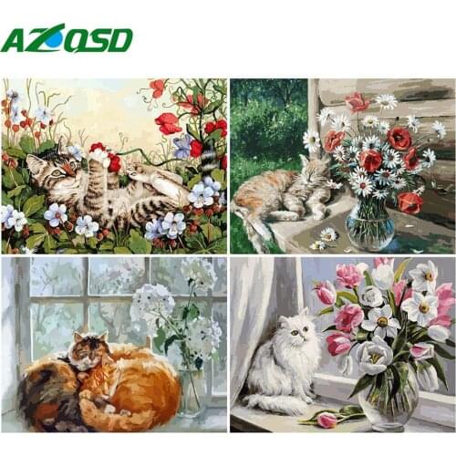 AZQSD Kits Painting By Numbers Animal Unframe DIY Home Decoration Coloring By Numbers On Canvas Cat Handpainted Gift