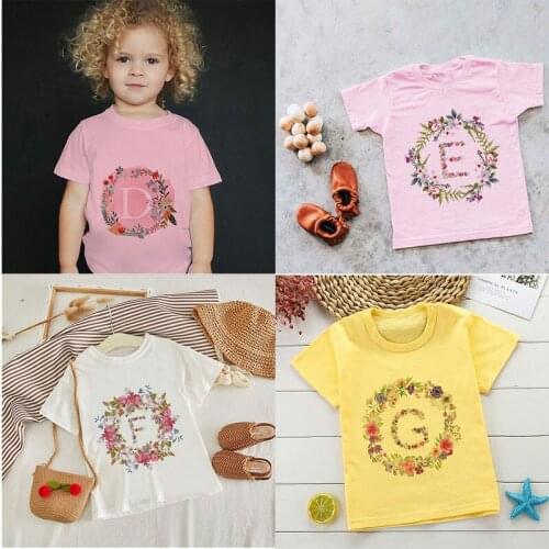 New 2021 Summer Flower English Alphabet Letter Print Girls T Shirt Casual Kids Tops Children Harajuku Clothes Boys T-shirt Cute