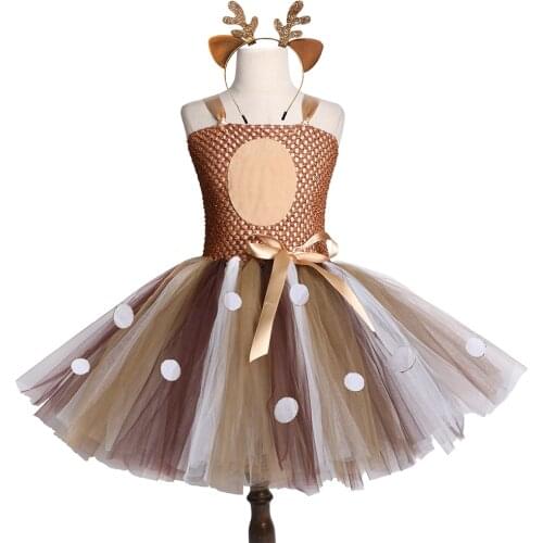 Brown Deer Girls Tutu Dresses With Headband Halloween Christmas Deer Costume Kids Tutu Dresses for Girls Birthday Party Dress