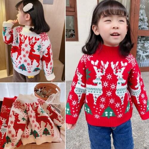 Christmas Clothes For Baby Girl Cartoon Elk Christmas Tree Printed Elastic Knitted Warm Sweater Children Pullover Kids Sweaters