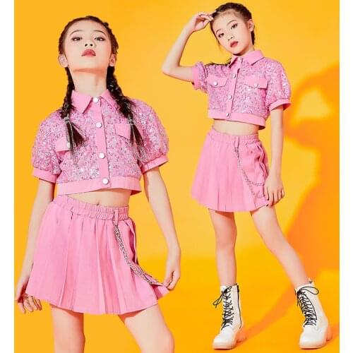 Pink Cheerlead Dance Costume Kids Girls Jazz Hip Hop Clothing Sequin Crop Tops Skirt Modern Jazz Performance Stage Wear DNV14791