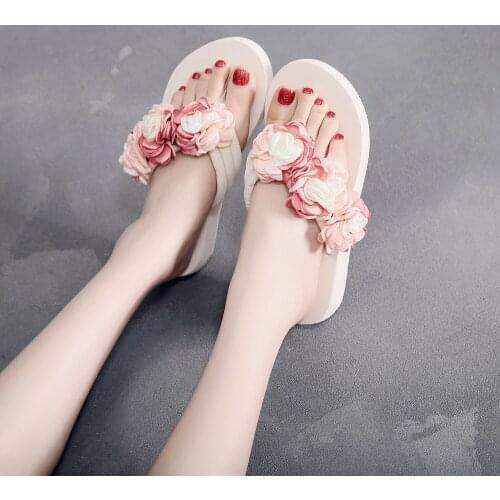 Women Summer new elastic wedge heel herringbone ladies sandals muffin slippers camellia flowers 2020 womens shoes