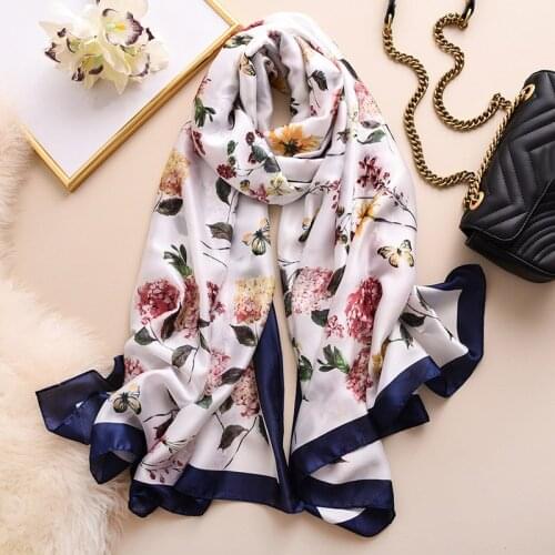 Woman Silk Scarf Luxury Long Scarves Large Shawl Floral Artificial Silk Scarf Female Beach Towel -OPK