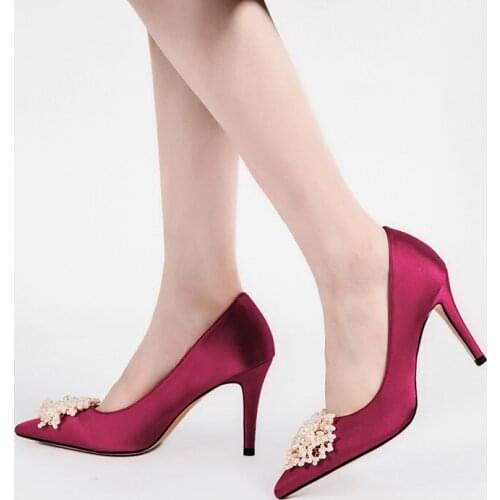 Women High Heels Female Wedding Shoe Sexy Red Pump Pearl Silk Fashion Shoes Pumps Brand Comfortable Thin Heels