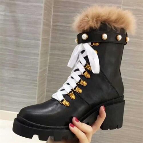Pearl Boots Women Leather Shoes Woman Thick Heel ботинки женские Lace Up обувь женская Buckle Zapatos De Mujer Platform Boots