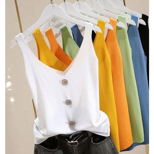 Large Size V-neck Ice Silk Suspender Vest Womens Summer 2021 Short Outer Wear Sleeveless Top Knitted Bottoming Shirt