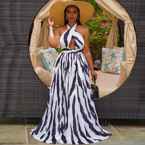 Navy White Striped Patchwork Floor Length Dress Women Halter Neck Backless Holiday Dress Elegant Off Shoulder Vacation Dresses