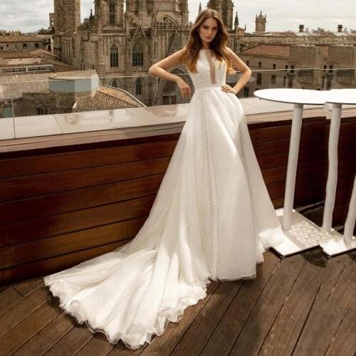 Thinyfull A Line O Neck Wedding Dresses Sleeveless Tulle Bride Dress With Lace Appliques Court Train Vestido De Novia 2020