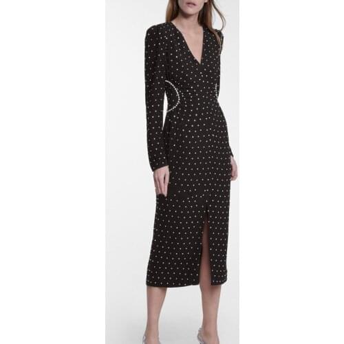 Vintage DIamonds Beaded Women Black 2021 Autumn Winter V neck Sleeve SIde Split Long Tight Dress