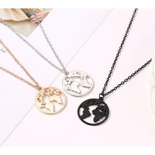 12 Pieces/Lot Silver Gold Color Global World Map Necklaces Black Chain Hollow Earth Map Round Pendant Necklace Women Men Jewelry