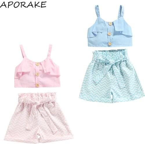 2021 2-7Y Cute Kids Baby Girl Clothes Set Solid Color Ruffle Button Sleeveless Crop Top Vest+Stripe Shorts With Belt Summer 2pcs
