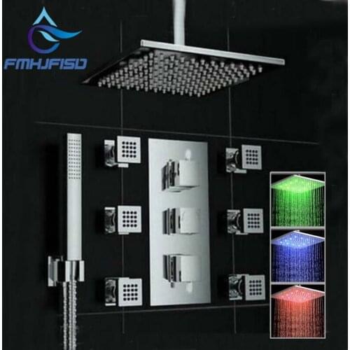 3 Color Changing Ceiling Mounted Square Rain Shower Head Thermostatic Valve Mixer Tap W/ Massage Jets Shower Sprayer