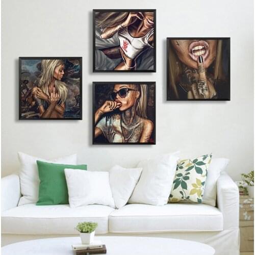 Abstract Cool Tattoo Girl Pictures Sexy Women Graffiti Street Art Portrait Posters Canvas Painting For Living Room