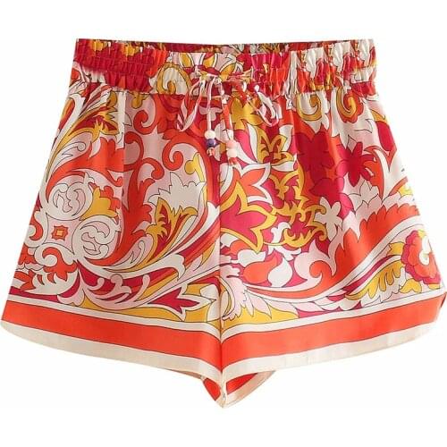 BBWM Women 2021 Fashion Beach Style Print Patchwork Summer Hot Shorts Femme Chic Elastic Waist Ribbon Pantalone