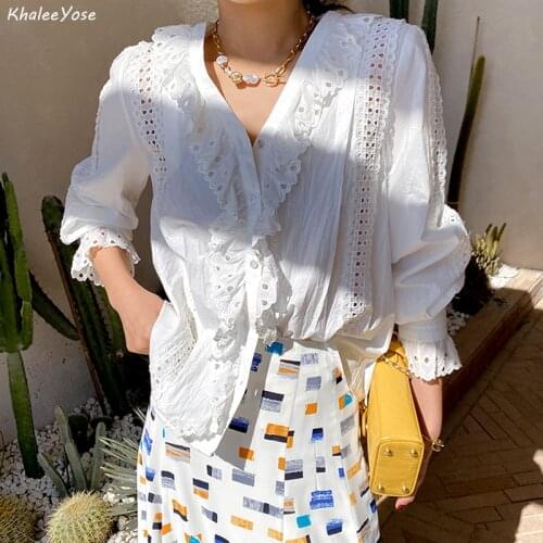 KHALEE YOSE 100% cotton fairy chic Blouses French casual Spring autumn blouse shirt Long Lantern Sleeve Shirt vintage Shirt 2021